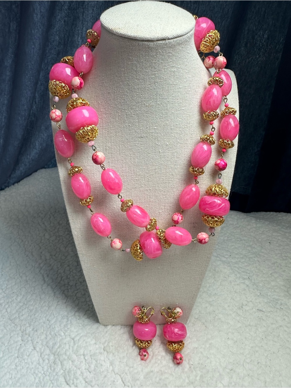 Fabulous Vintage Pink Gold Beaded Necklace and Earrings Jewelry Set Barbiecore